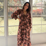 The 'Autumn Afterglow' Floral V-Neck Long Sleeve Midi Dress in Brown - Love and Lee Apparel