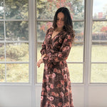 The 'Autumn Afterglow' Floral V-Neck Long Sleeve Midi Dress in Brown - Love and Lee Apparel
