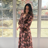 The 'Autumn Afterglow' Floral V-Neck Long Sleeve Midi Dress in Brown - Love and Lee Apparel