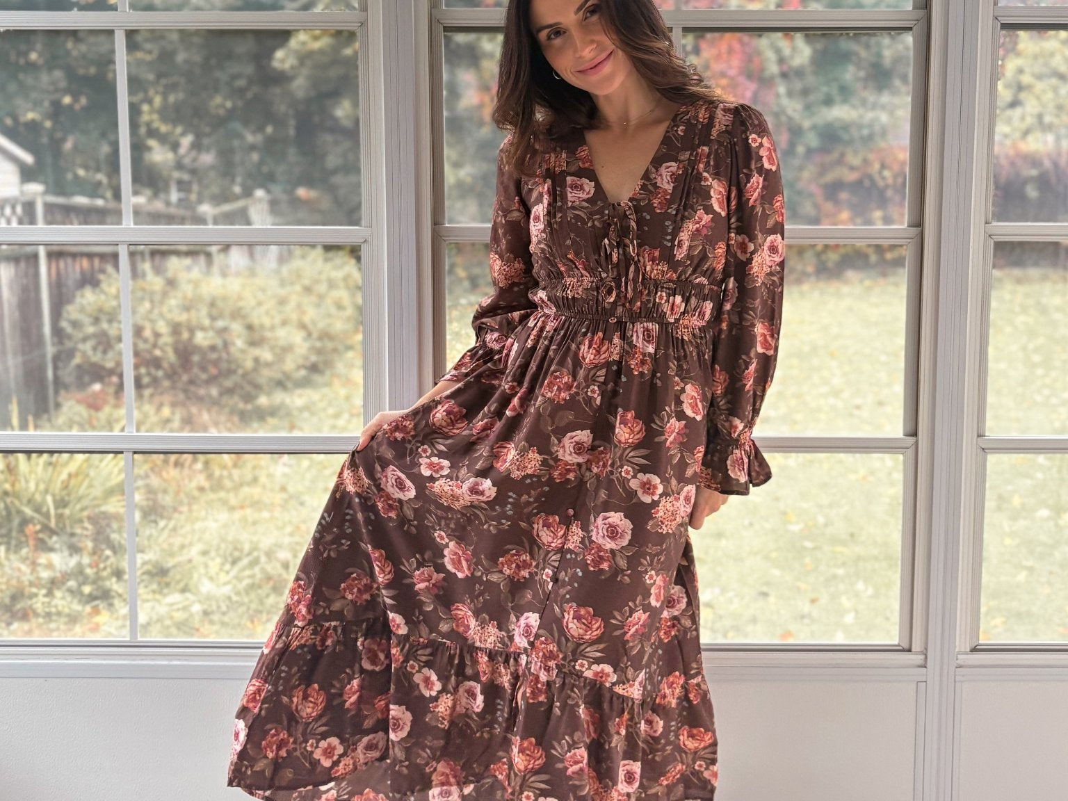 The 'Autumn Afterglow' Floral V-Neck Long Sleeve Midi Dress in Brown - Love and Lee Apparel