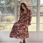 The 'Autumn Afterglow' Floral V-Neck Long Sleeve Midi Dress in Brown - Love and Lee Apparel