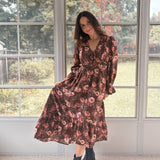 The 'Autumn Afterglow' Floral V-Neck Long Sleeve Midi Dress in Brown - Love and Lee Apparel