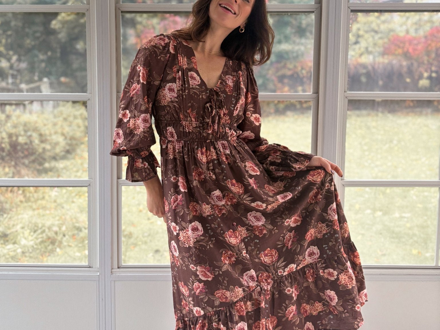 The 'Autumn Afterglow' Floral V-Neck Long Sleeve Midi Dress in Brown - Love and Lee Apparel