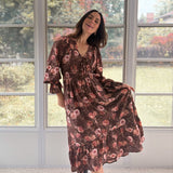 The 'Autumn Afterglow' Floral V-Neck Long Sleeve Midi Dress in Brown - Love and Lee Apparel