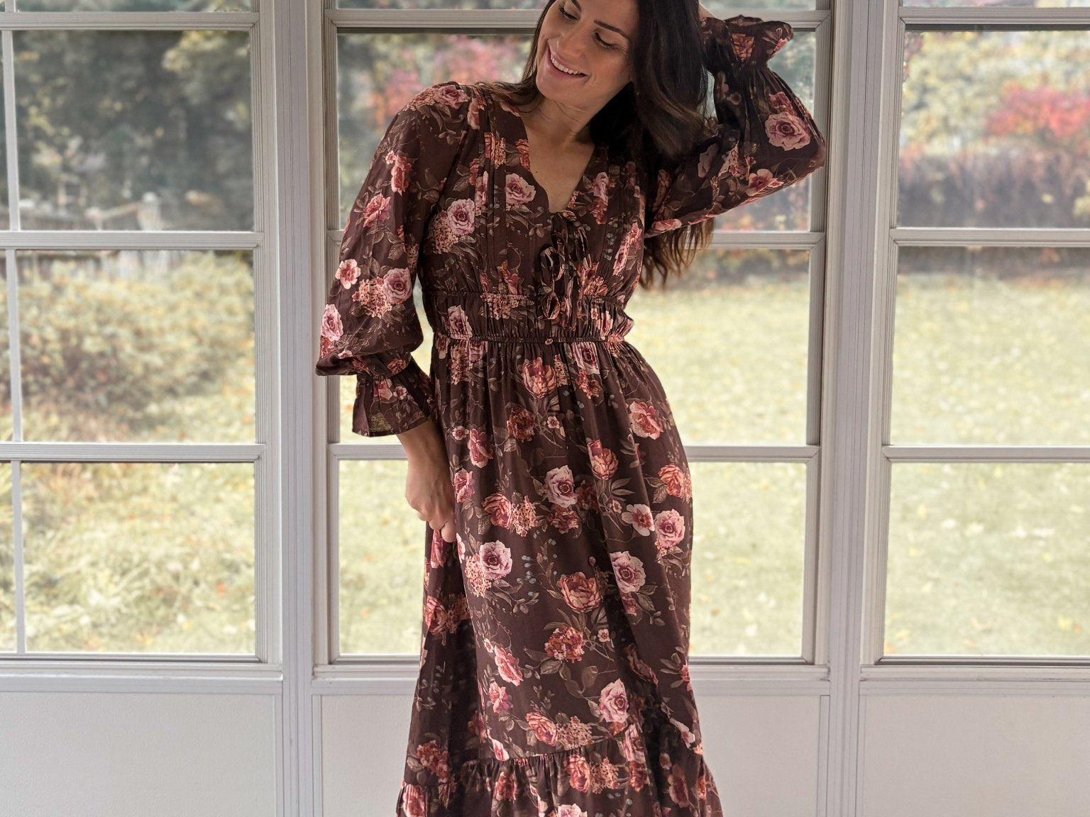The 'Autumn Afterglow' Floral V-Neck Long Sleeve Midi Dress in Brown - Love and Lee Apparel