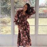 The 'Autumn Afterglow' Floral V-Neck Long Sleeve Midi Dress in Brown - Love and Lee Apparel