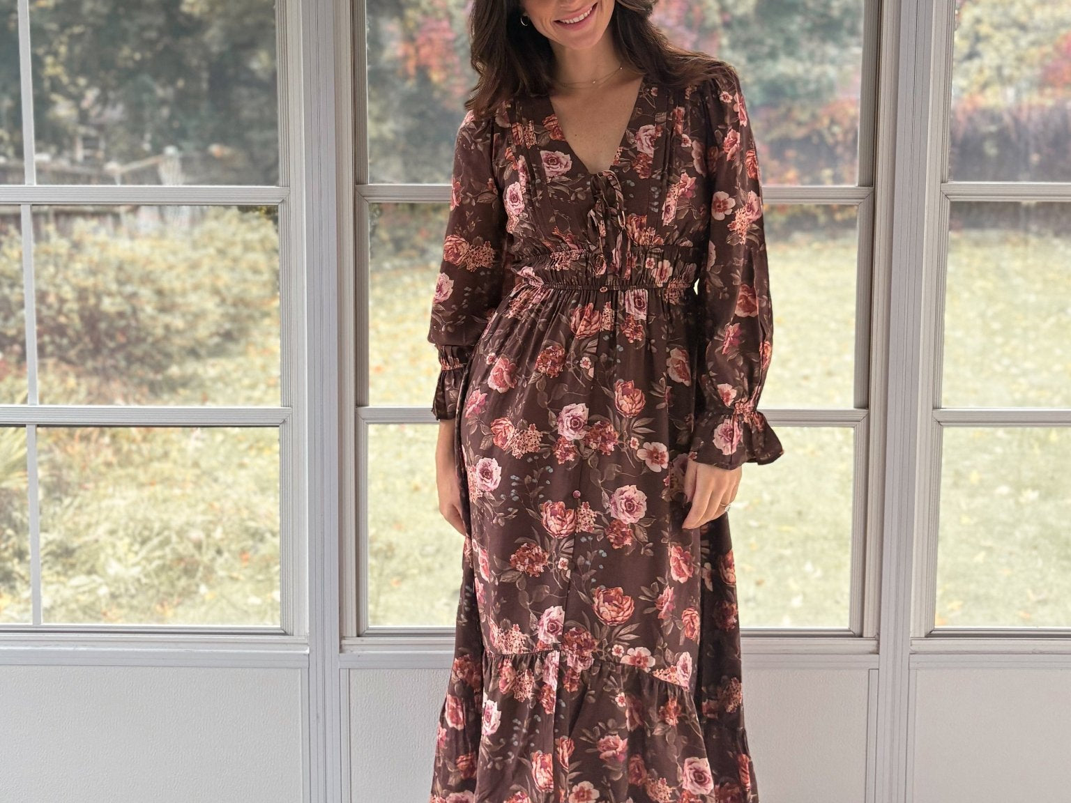 The 'Autumn Afterglow' Floral V-Neck Long Sleeve Midi Dress in Brown - Love and Lee Apparel