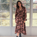 The 'Autumn Afterglow' Floral V-Neck Long Sleeve Midi Dress in Brown - Love and Lee Apparel