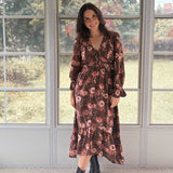 The 'Autumn Afterglow' Floral V-Neck Long Sleeve Midi Dress in Brown - Love and Lee Apparel