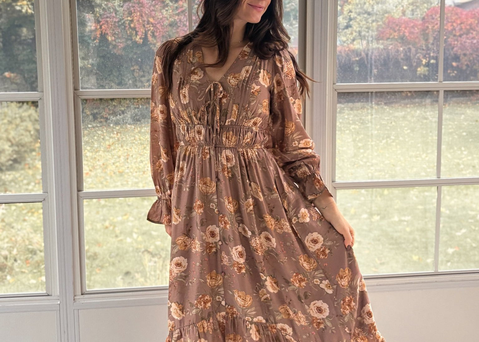 The 'Cinnamon Social' Floral V-Neck Long Sleeve Midi Dress in Mocha - Love and Lee Apparel