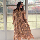 The 'Cinnamon Social' Floral V-Neck Long Sleeve Midi Dress in Mocha - Love and Lee Apparel