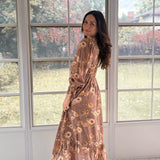 The 'Cinnamon Social' Floral V-Neck Long Sleeve Midi Dress in Mocha - Love and Lee Apparel