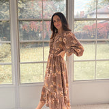 The 'Cinnamon Social' Floral V-Neck Long Sleeve Midi Dress in Mocha - Love and Lee Apparel