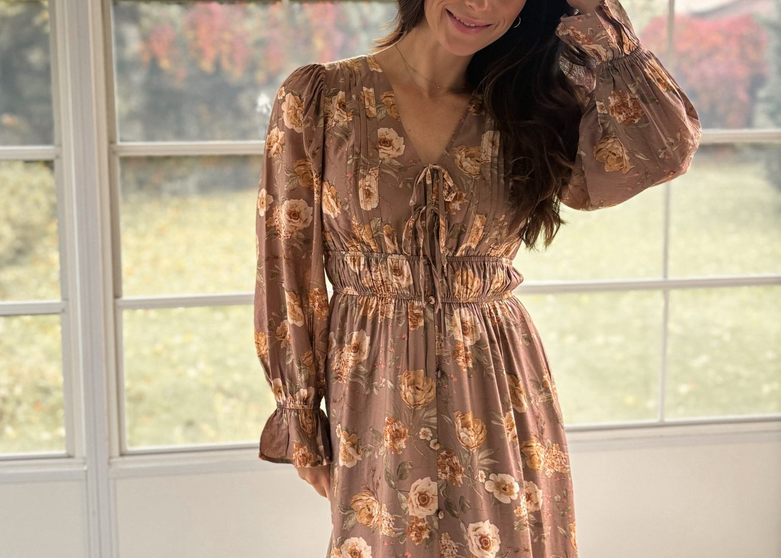 The 'Cinnamon Social' Floral V-Neck Long Sleeve Midi Dress in Mocha - Love and Lee Apparel