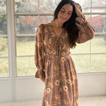 The 'Cinnamon Social' Floral V-Neck Long Sleeve Midi Dress in Mocha - Love and Lee Apparel