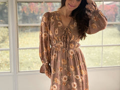 The 'Cinnamon Social' Floral V-Neck Long Sleeve Midi Dress in Mocha - Love and Lee Apparel