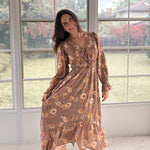 The 'Cinnamon Social' Floral V-Neck Long Sleeve Midi Dress in Mocha - Love and Lee Apparel