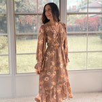 The 'Cinnamon Social' Floral V-Neck Long Sleeve Midi Dress in Mocha - Love and Lee Apparel