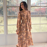 The 'Cinnamon Social' Floral V-Neck Long Sleeve Midi Dress in Mocha - Love and Lee Apparel