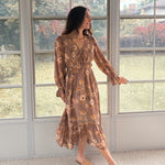 The 'Cinnamon Social' Floral V-Neck Long Sleeve Midi Dress in Mocha - Love and Lee Apparel