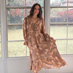 The 'Cinnamon Social' Floral V-Neck Long Sleeve Midi Dress in Mocha - Love and Lee Apparel