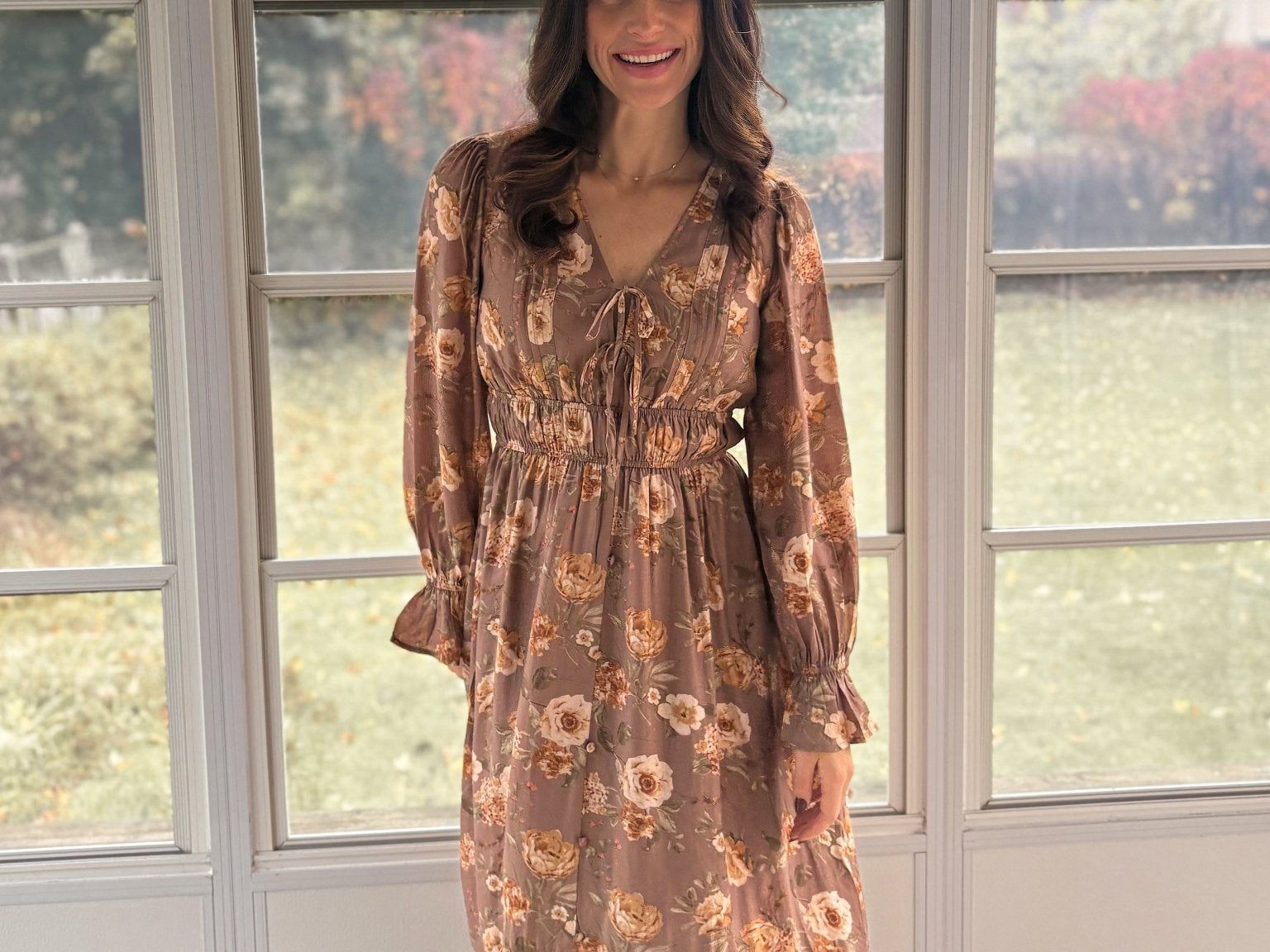 The 'Cinnamon Social' Floral V-Neck Long Sleeve Midi Dress in Mocha - Love and Lee Apparel