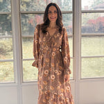 The 'Cinnamon Social' Floral V-Neck Long Sleeve Midi Dress in Mocha - Love and Lee Apparel