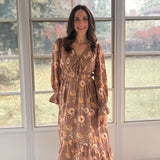 The 'Cinnamon Social' Floral V-Neck Long Sleeve Midi Dress in Mocha - Love and Lee Apparel