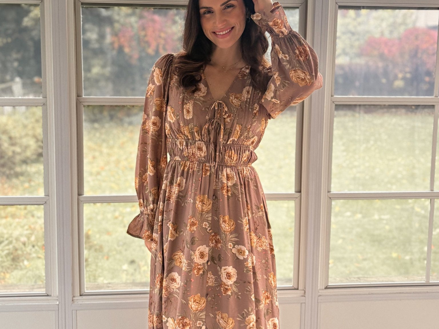 The 'Cinnamon Social' Floral V-Neck Long Sleeve Midi Dress in Mocha - Love and Lee Apparel