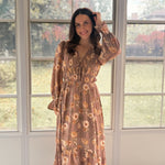 The 'Cinnamon Social' Floral V-Neck Long Sleeve Midi Dress in Mocha - Love and Lee Apparel