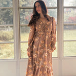 The 'Cinnamon Social' Floral V-Neck Long Sleeve Midi Dress in Mocha - Love and Lee Apparel