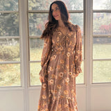 The 'Cinnamon Social' Floral V-Neck Long Sleeve Midi Dress in Mocha - Love and Lee Apparel