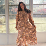 The 'Cinnamon Social' Floral V-Neck Long Sleeve Midi Dress in Mocha - Love and Lee Apparel