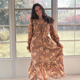 The 'Cinnamon Social' Floral V-Neck Long Sleeve Midi Dress in Mocha - Love and Lee Apparel