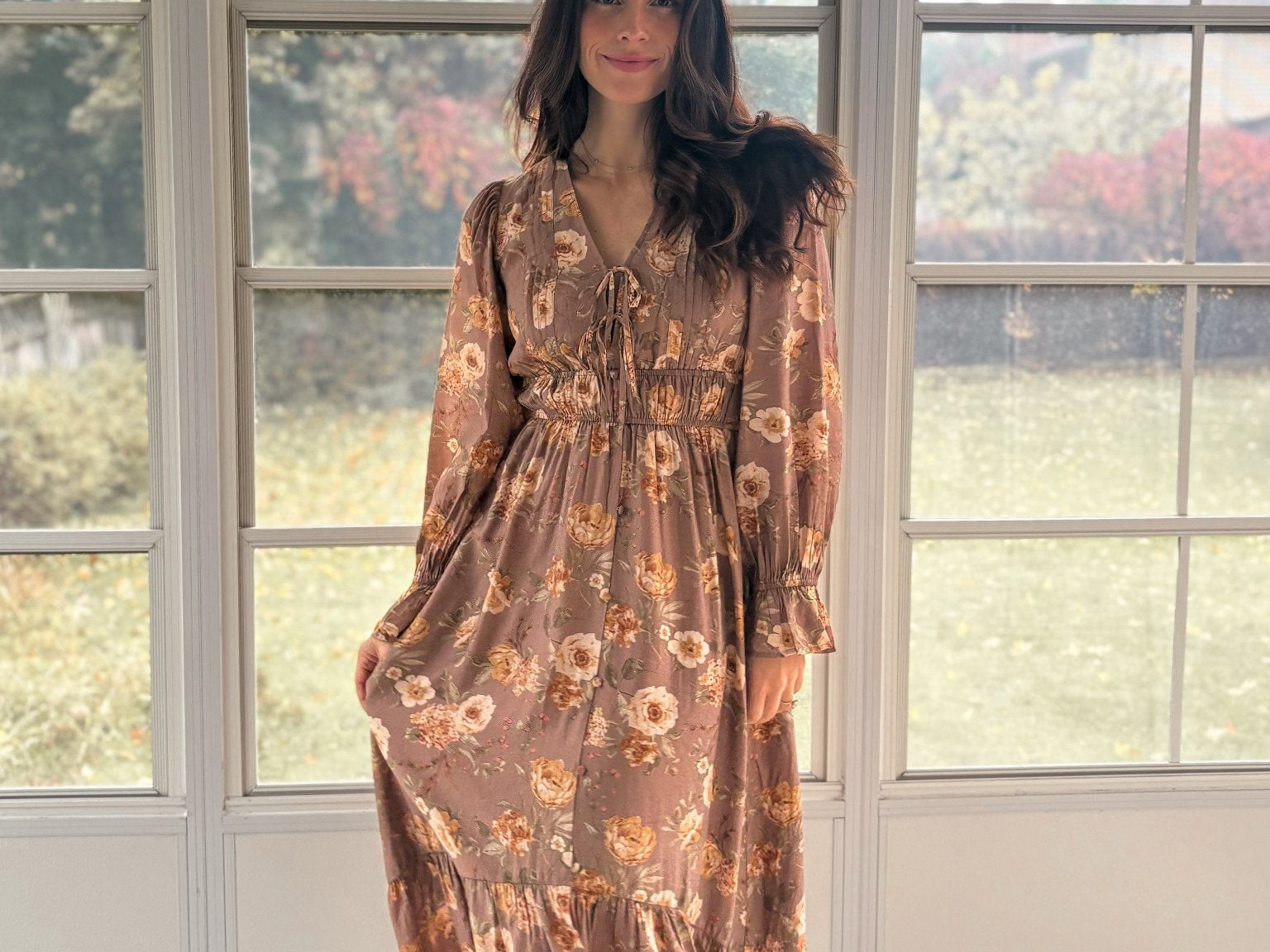 The 'Cinnamon Social' Floral V-Neck Long Sleeve Midi Dress in Mocha - Love and Lee Apparel