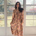The 'Cinnamon Social' Floral V-Neck Long Sleeve Midi Dress in Mocha - Love and Lee Apparel