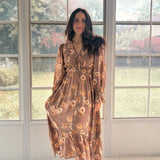 The 'Cinnamon Social' Floral V-Neck Long Sleeve Midi Dress in Mocha - Love and Lee Apparel