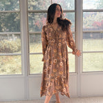 The 'Cinnamon Social' Floral V-Neck Long Sleeve Midi Dress in Mocha - Love and Lee Apparel