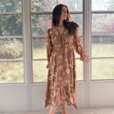 The 'Cinnamon Social' Floral V-Neck Long Sleeve Midi Dress in Mocha - Love and Lee Apparel