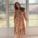 The 'Cinnamon Social' Floral V-Neck Long Sleeve Midi Dress in Mocha - Love and Lee Apparel