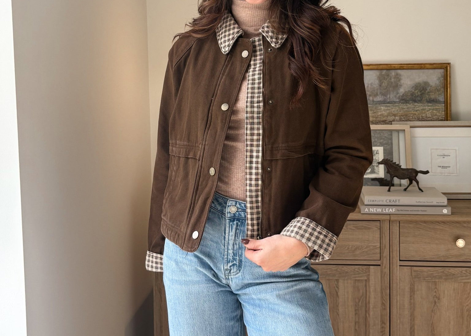 The'Coffee Before Anything' Gingham Collar Contrast Snap Button Jacket - Love and Lee Apparel