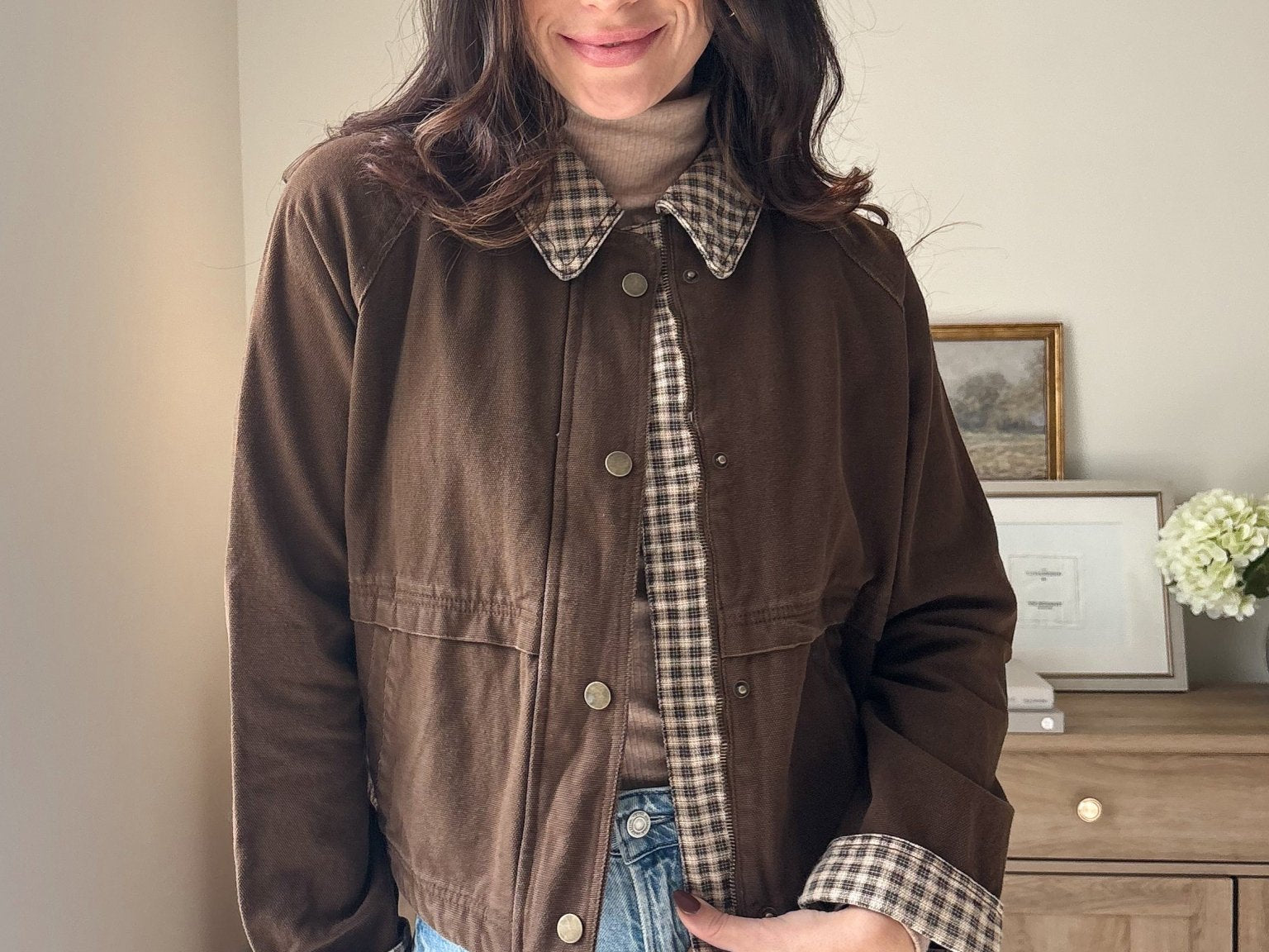 The'Coffee Before Anything' Gingham Collar Contrast Snap Button Jacket - Love and Lee Apparel
