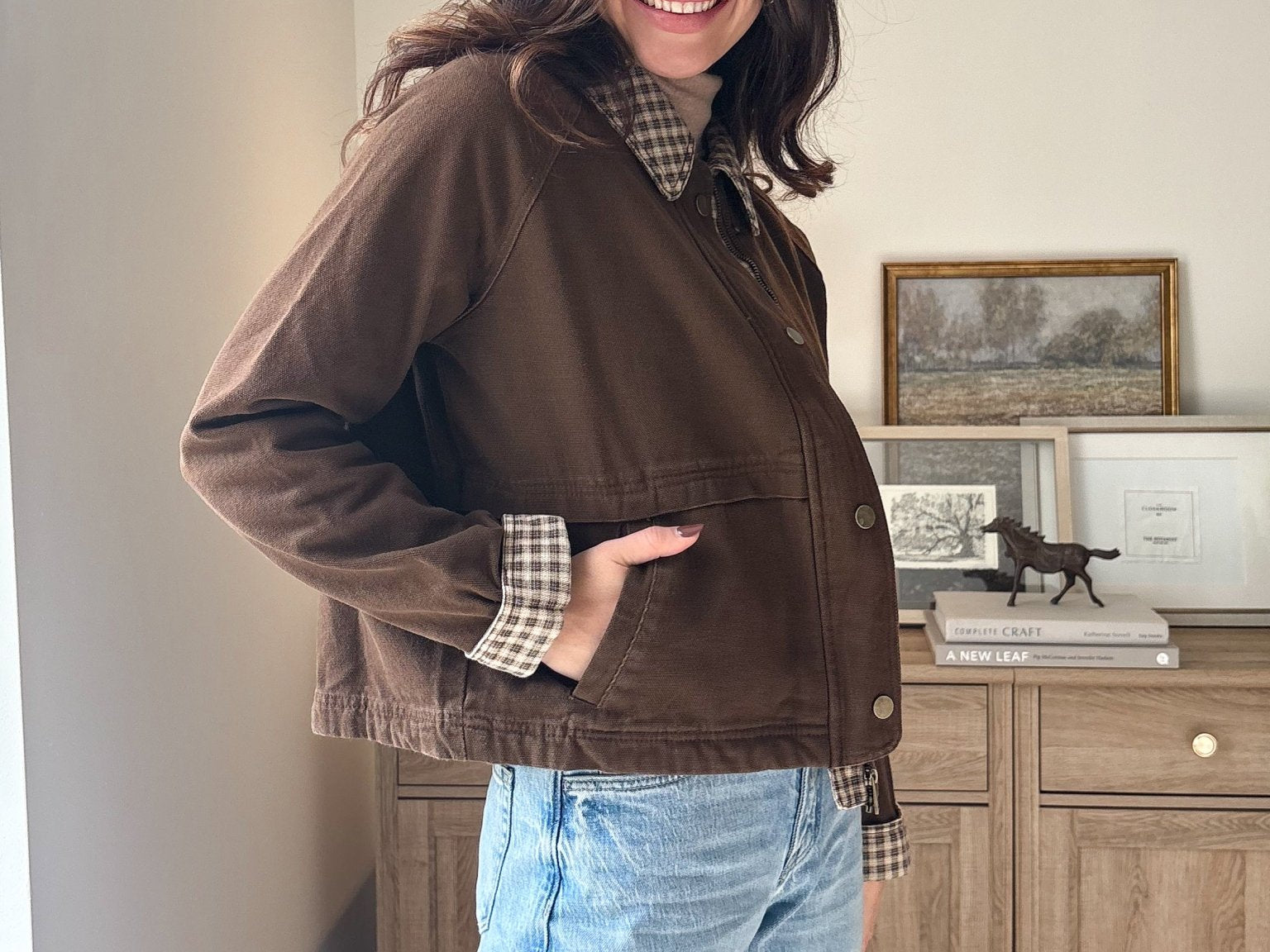 The'Coffee Before Anything' Gingham Collar Contrast Snap Button Jacket - Love and Lee Apparel