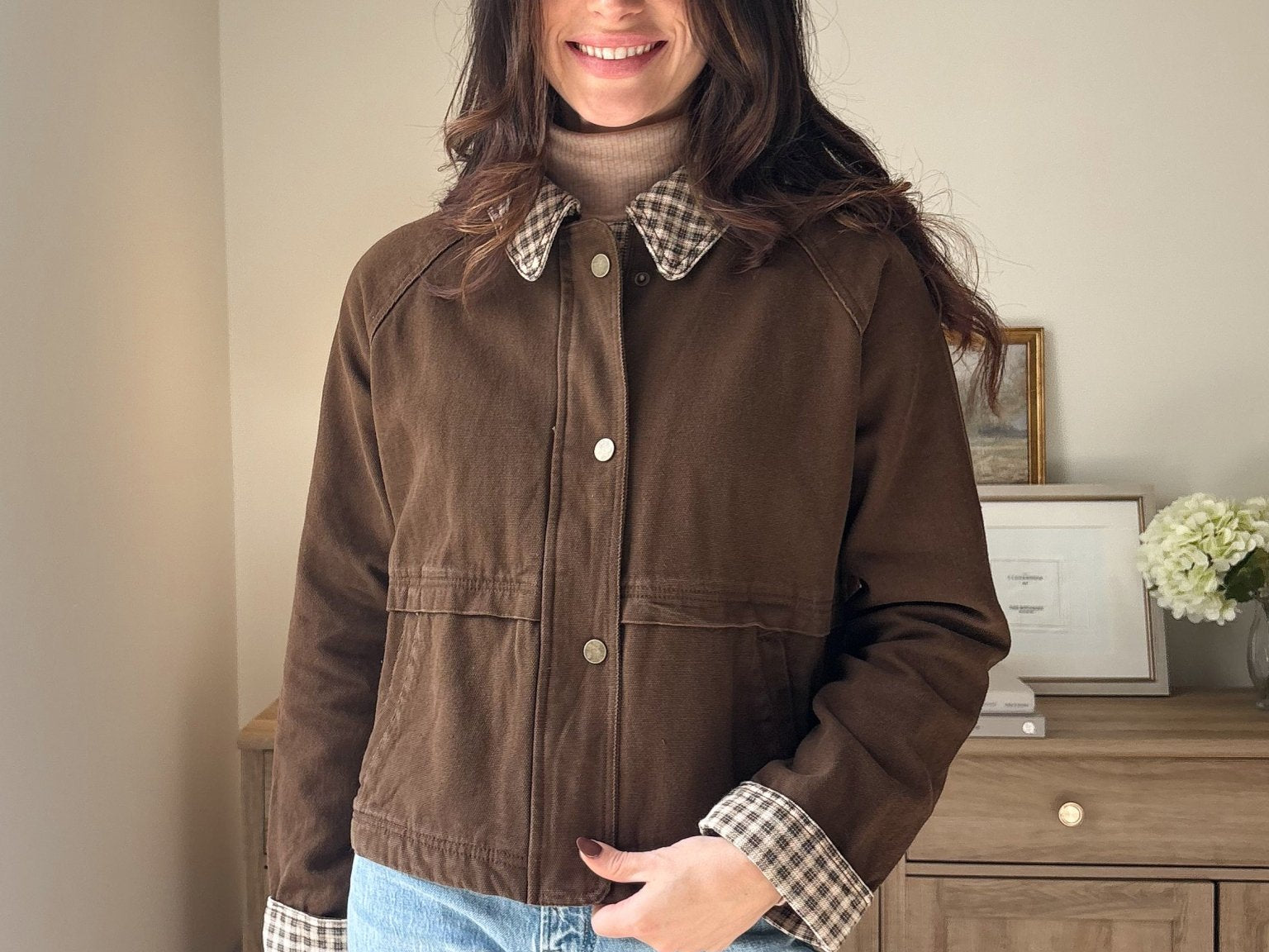 The'Coffee Before Anything' Gingham Collar Contrast Snap Button Jacket - Love and Lee Apparel