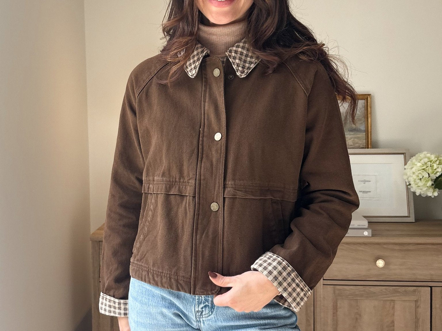 The'Coffee Before Anything' Gingham Collar Contrast Snap Button Jacket - Love and Lee Apparel