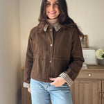 The'Coffee Before Anything' Gingham Collar Contrast Snap Button Jacket - Love and Lee Apparel
