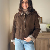The'Coffee Before Anything' Gingham Collar Contrast Snap Button Jacket - Love and Lee Apparel