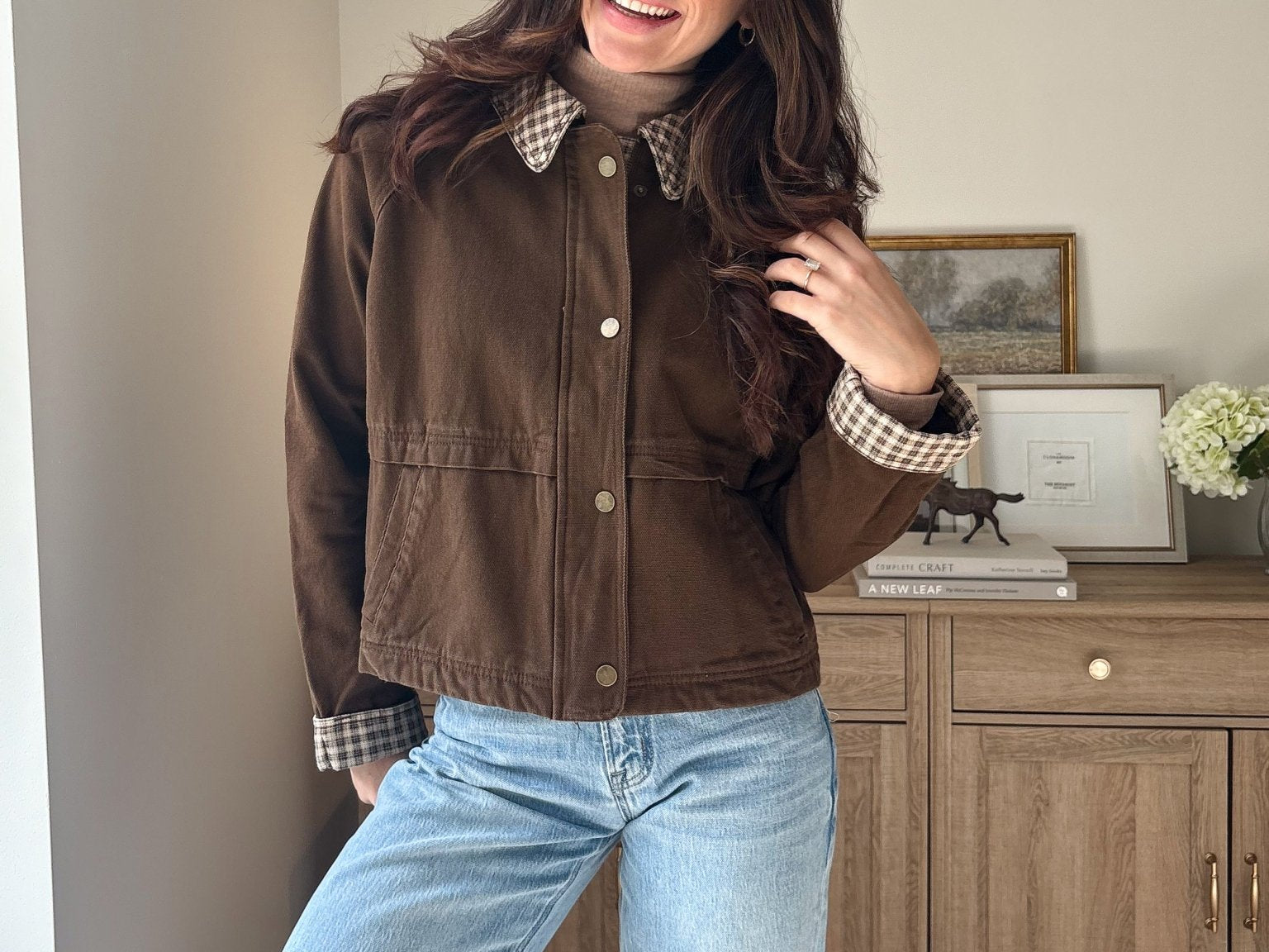 The'Coffee Before Anything' Gingham Collar Contrast Snap Button Jacket - Love and Lee Apparel