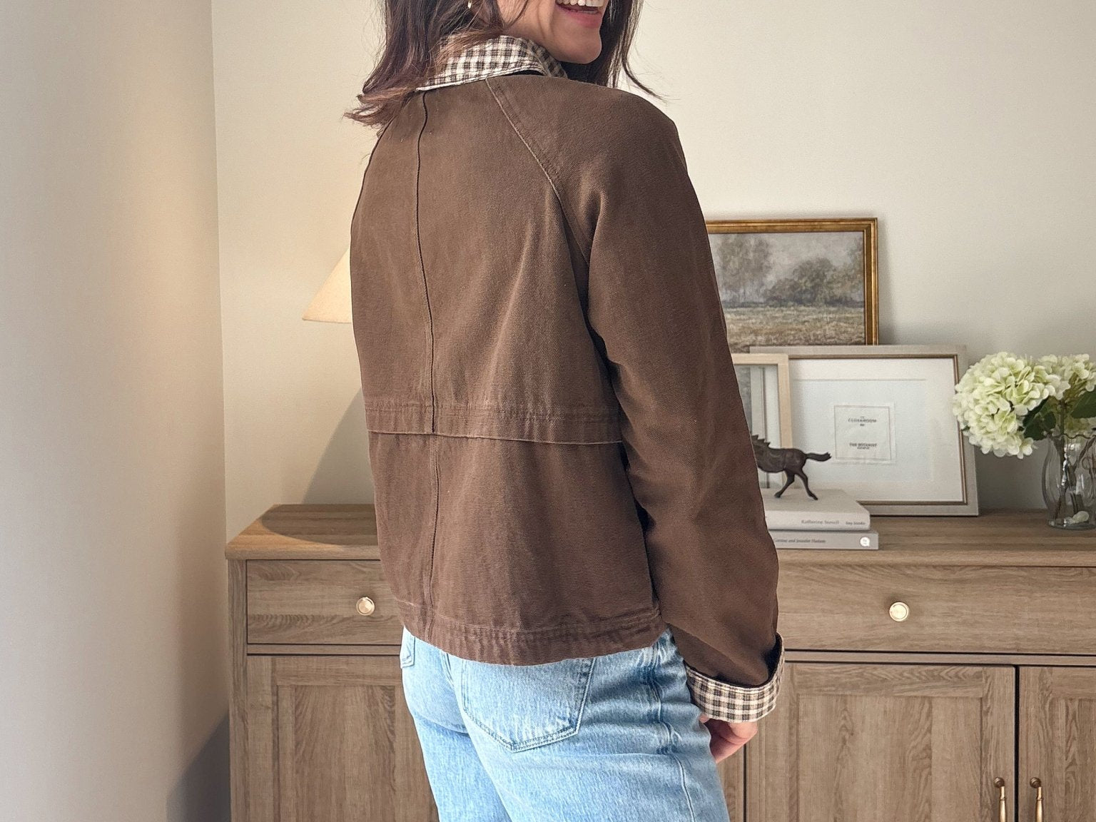 The'Coffee Before Anything' Gingham Collar Contrast Snap Button Jacket - Love and Lee Apparel