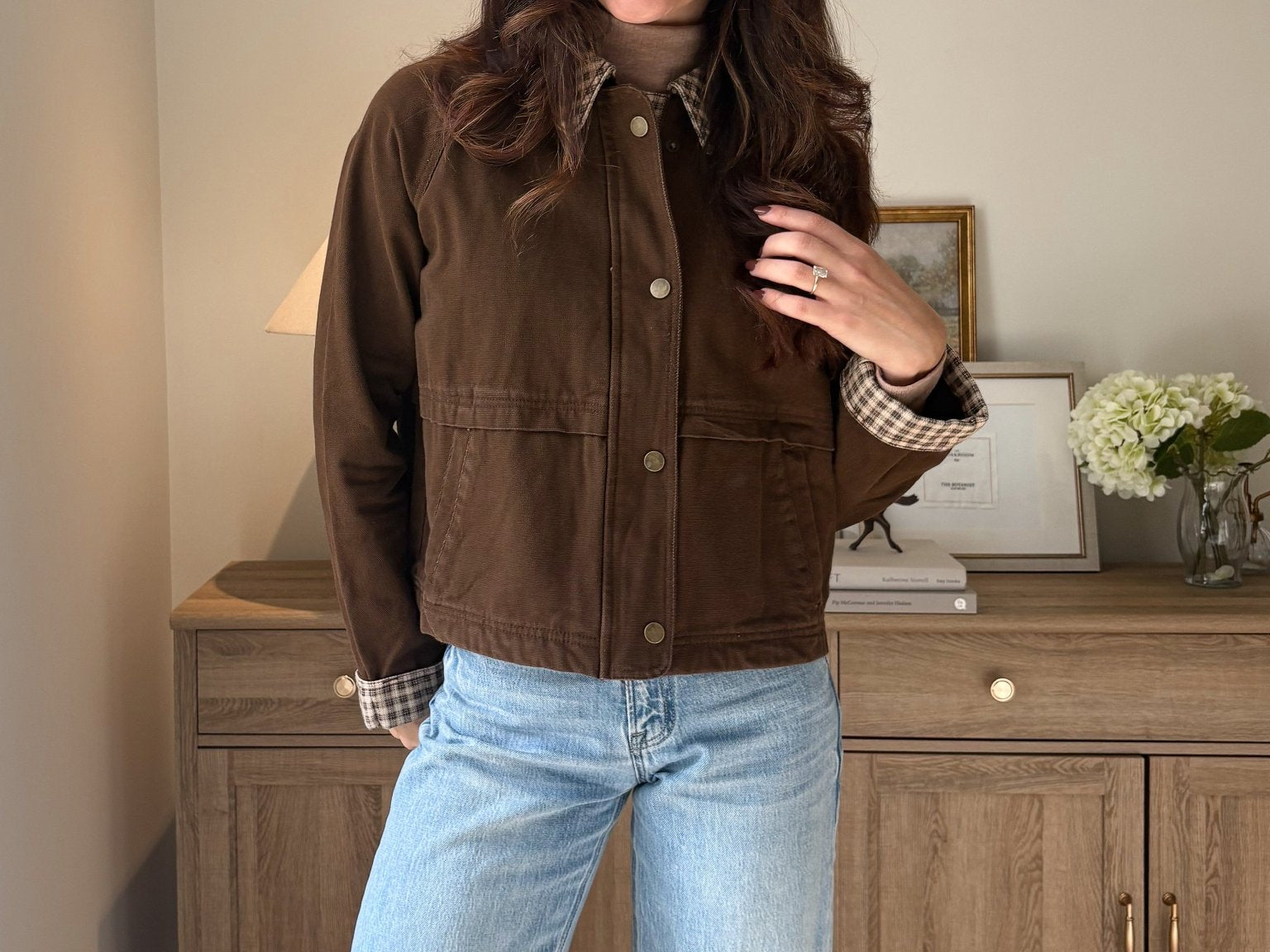 The'Coffee Before Anything' Gingham Collar Contrast Snap Button Jacket - Love and Lee Apparel